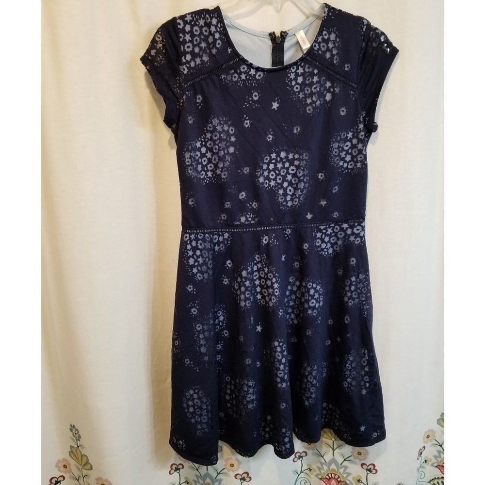 Exhilaration Girls Navy‎ Blue Fit & Flare Dress with Star and Floral Heart Print